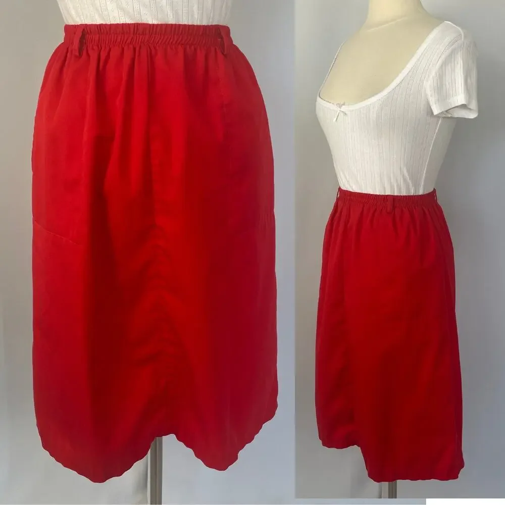 Vintage Pencil Skirt Size 12 Red Solid High Rise Midi Minimal Retro Career 90s